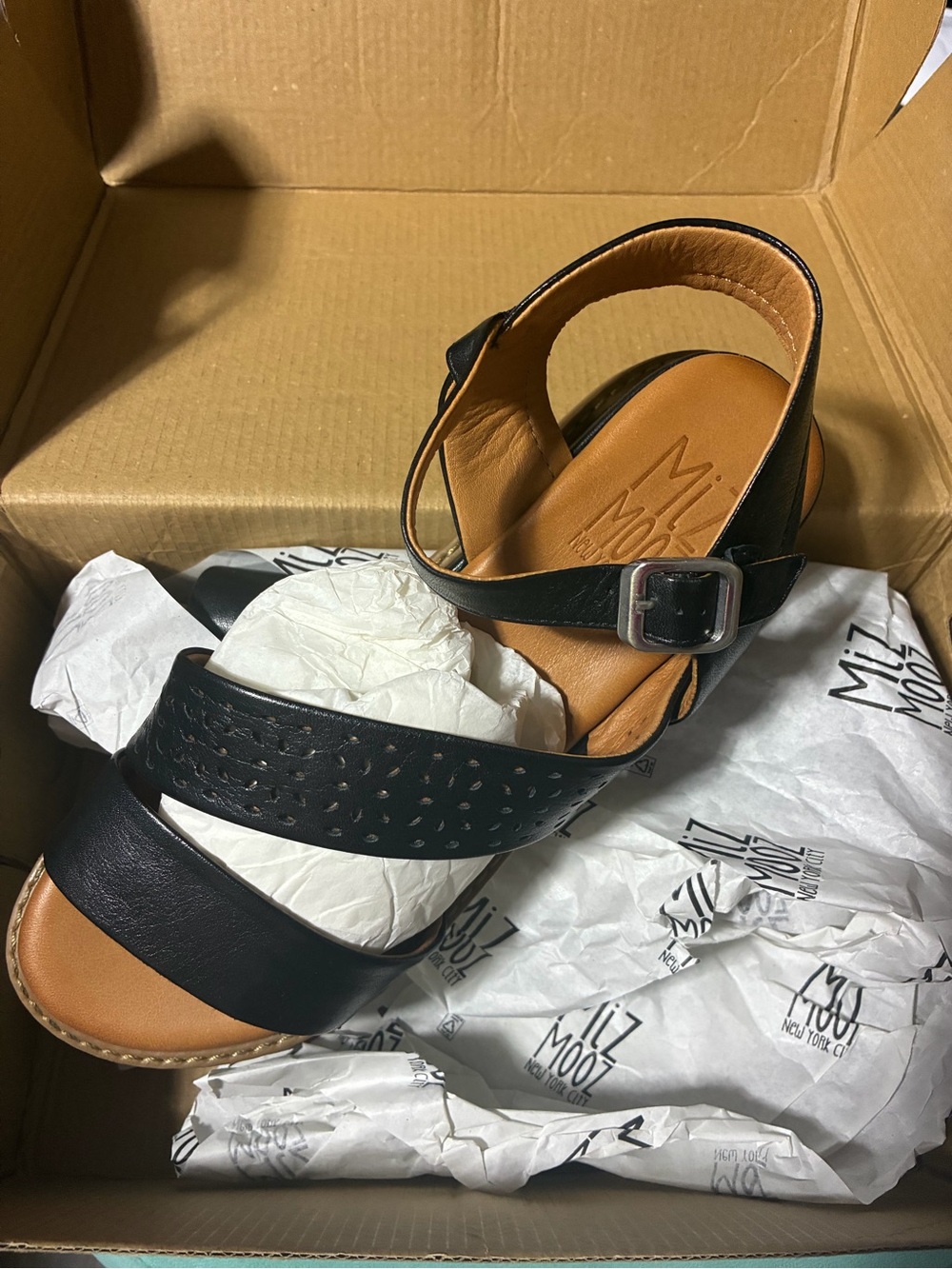 Miz Mooz Black Leather Perforated Strap Sandal
